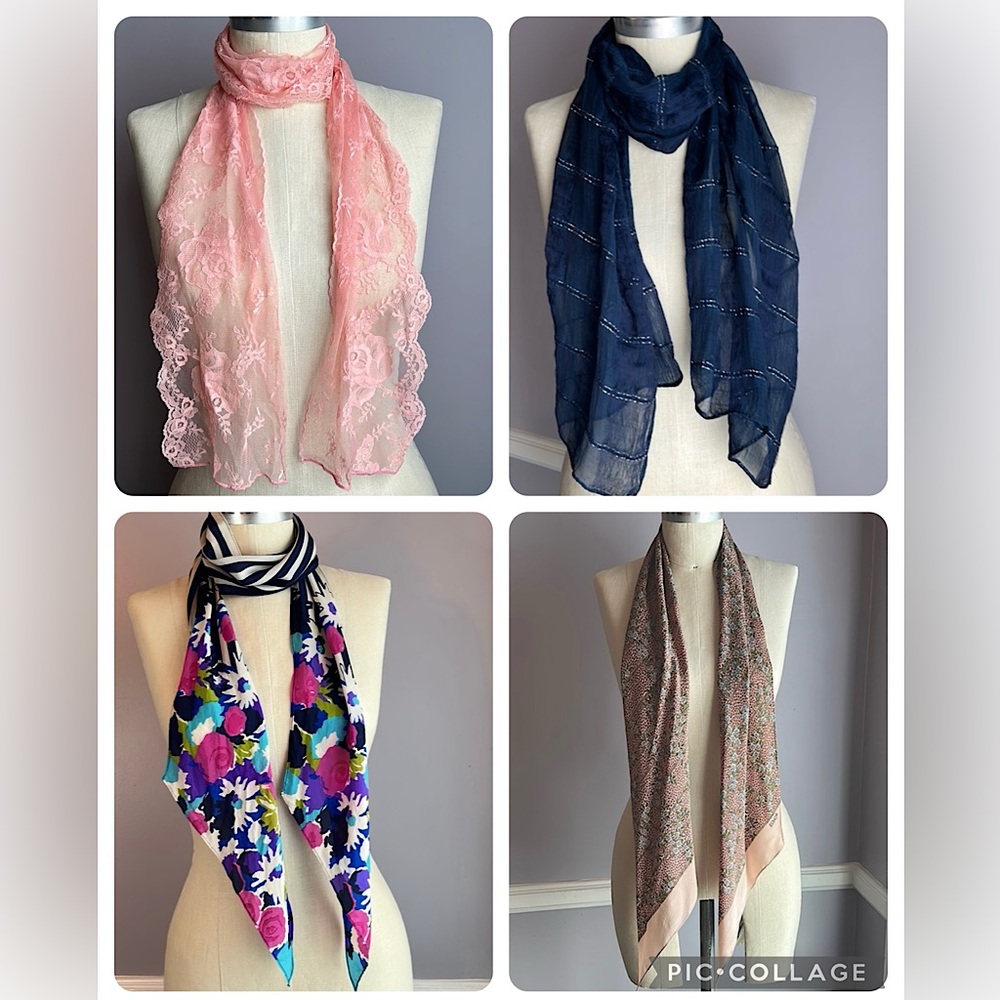 Collection of four Vintage 80s oblong scarves in blue and pink tones